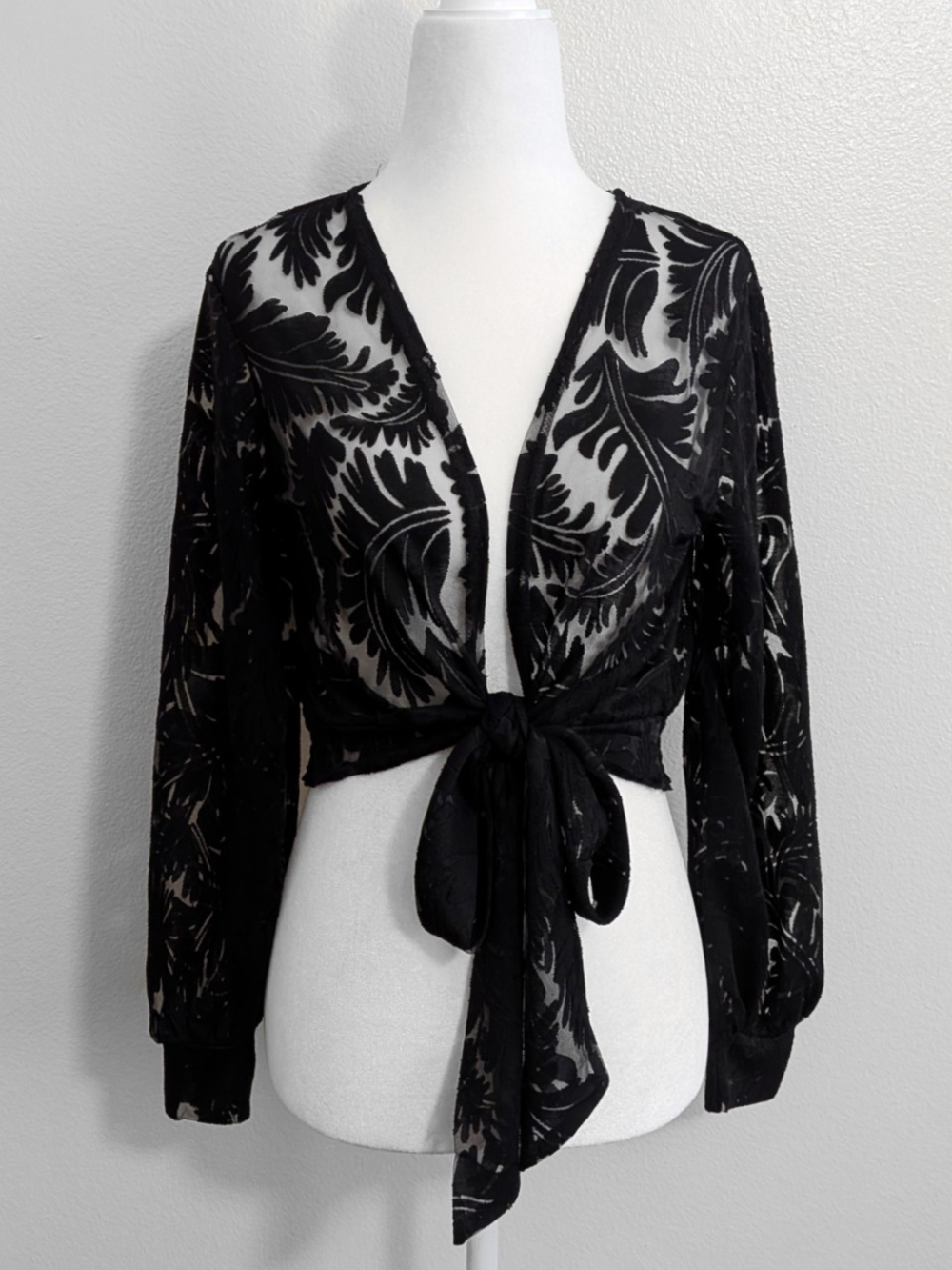 Amber Sky Black Gothic Semi Sheer Leaf Print Front Tie Blouse | Size S